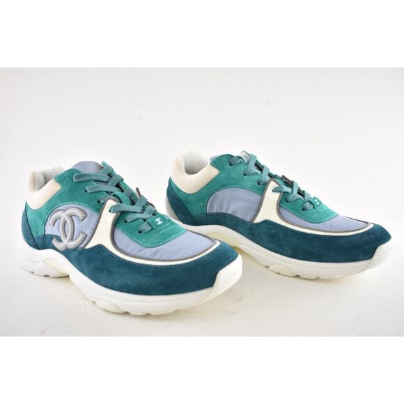 Chanel 19K Mens Green Grey Teal Blue White CC Logo Low Top Trainer Sneaker 44 11 - Picture 3 of 12